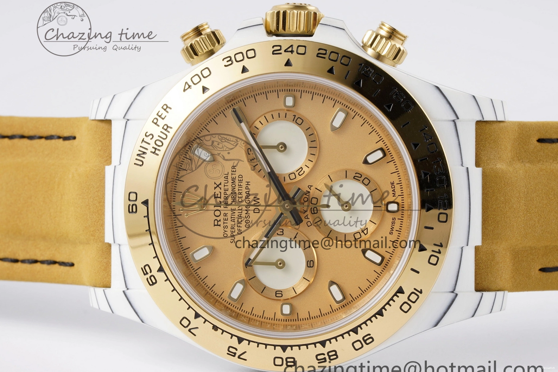 Daytona Bezel Leather Strap A7750 on White DIWF YG Dial DIW Brown YG Edition Case Carbon 0430
